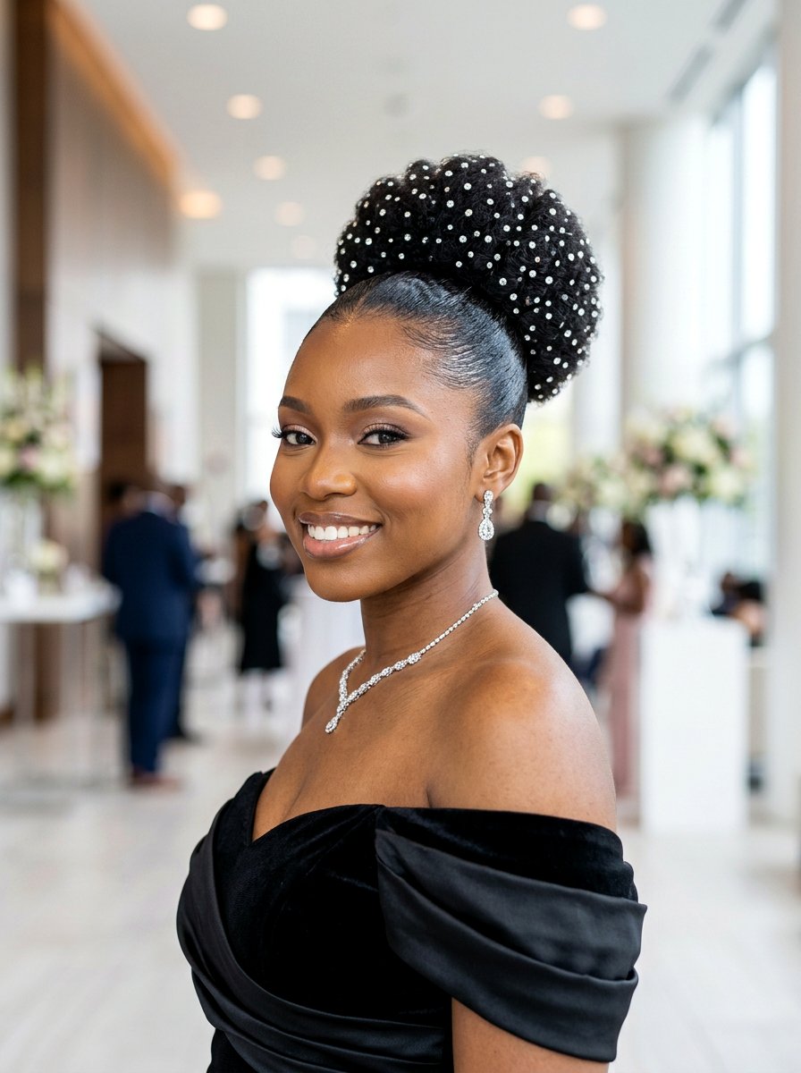 Slicked back puff with jewels - 20 prom hairstyles for natural hair - 20 prom hairstyles for natural hair