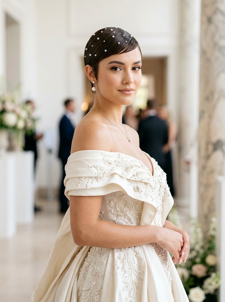 Slicked down pixie with pearls - 20 prom hairstyles for natural hair - 20 prom hairstyles for natural hair