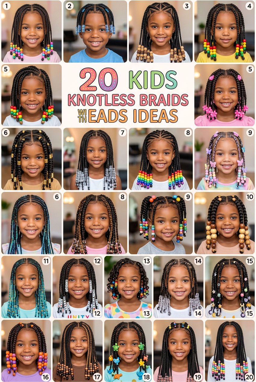 Small Knotless Box Braids with Rainbow Pony Beads - 20 kids knotless braids with beads - 20 kids knotless braids with beads