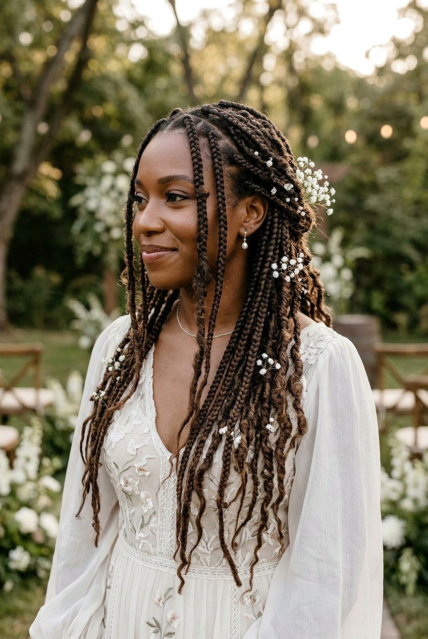 Small Knotless Braids Updo with Hair Vine - 20 bridal knotless braids hairstyles - 20 bridal knotless braids hairstyles
