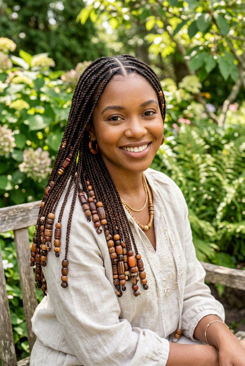 Small knotless braids with wooden beads - 20 waist length knotless braids with beads - 20 waist length knotless braids with beads