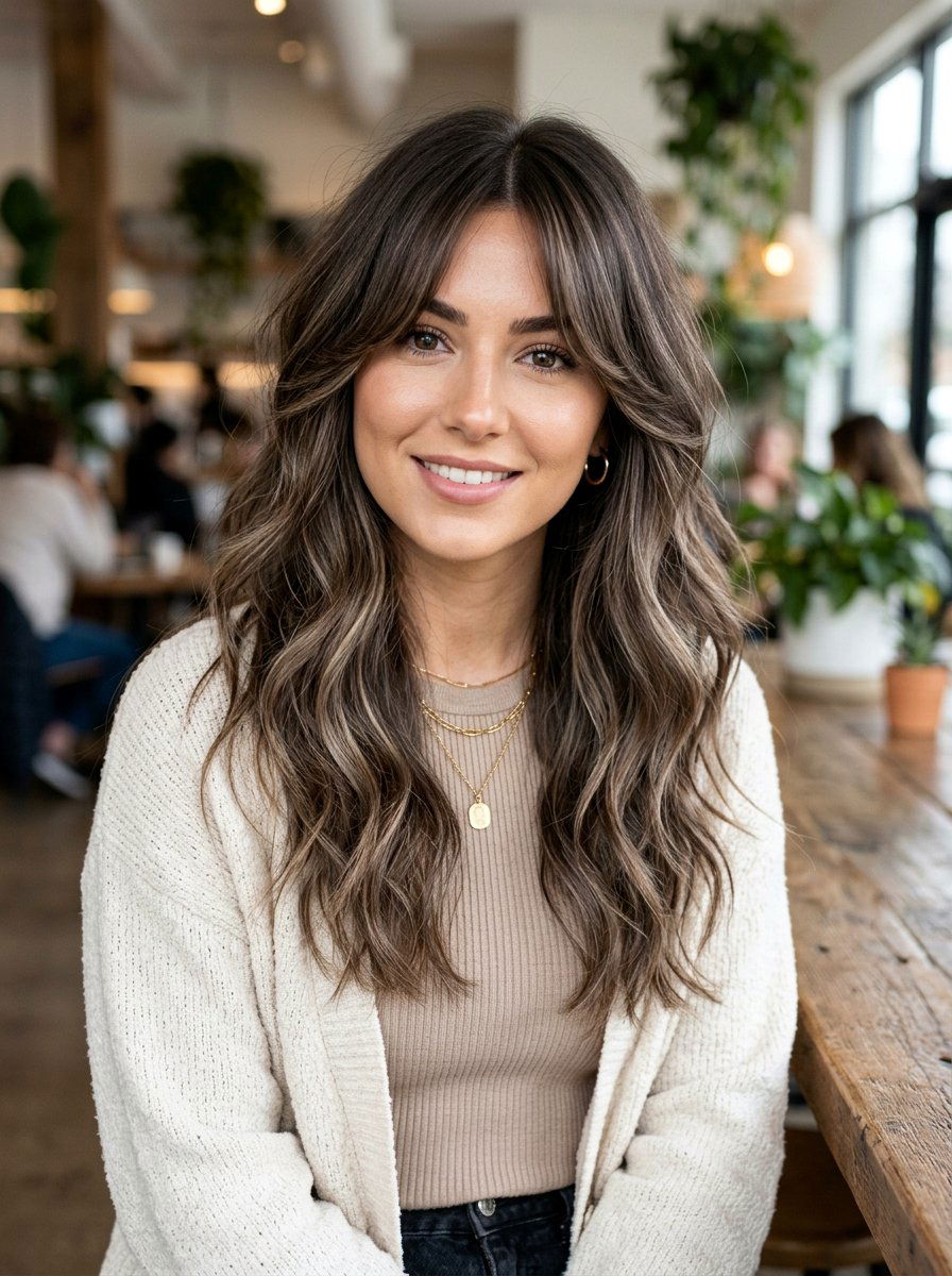 Smoky Brown Balayage With Curtain Bangs - 20 smoky brown balayage - 20 smoky brown balayage