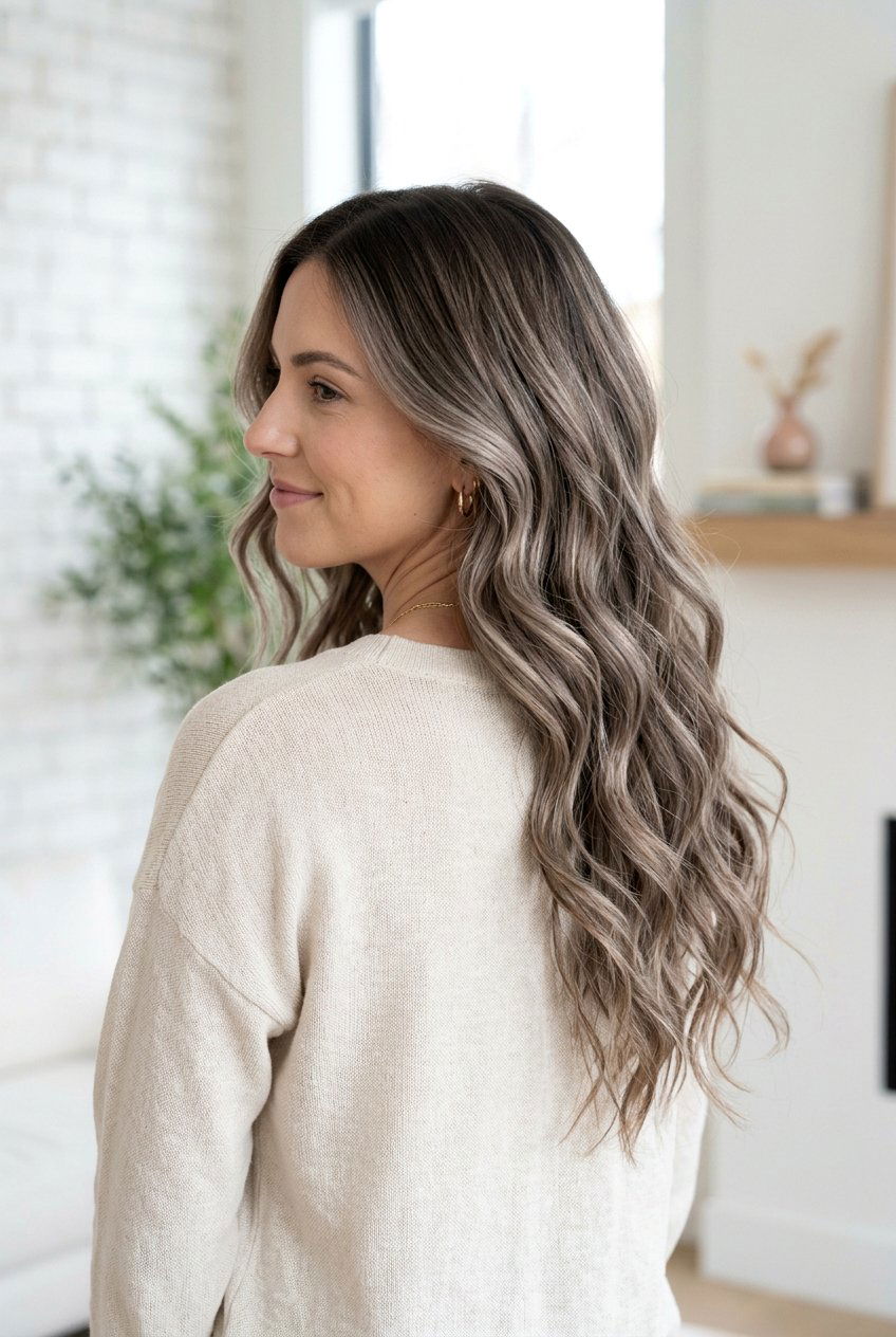 Smoky Brunette Balayage On Long Waves - 20 low maintenance brunette balayage - 20 low maintenance brunette balayage