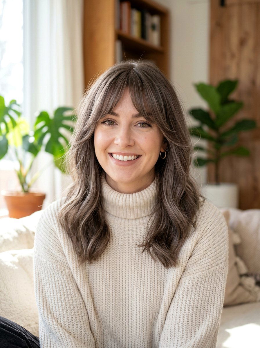 Smoky Brunette Curtain Bangs - 20 winter smoky brunette hair color - 20 winter smoky brunette hair color