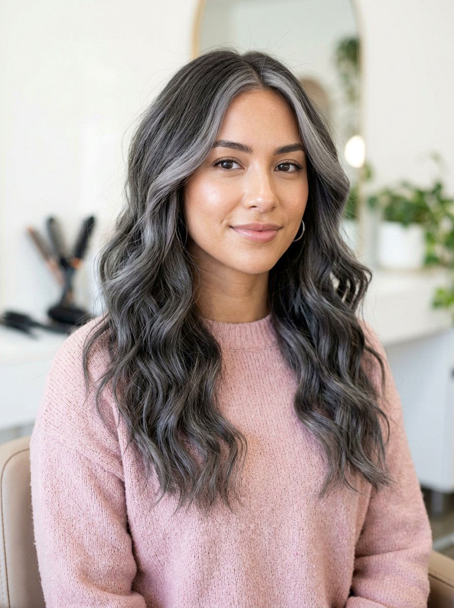 Smoky Gray Money Piece Long Waves - 20 smoky gray money piece hair - 20 smoky gray money piece hair