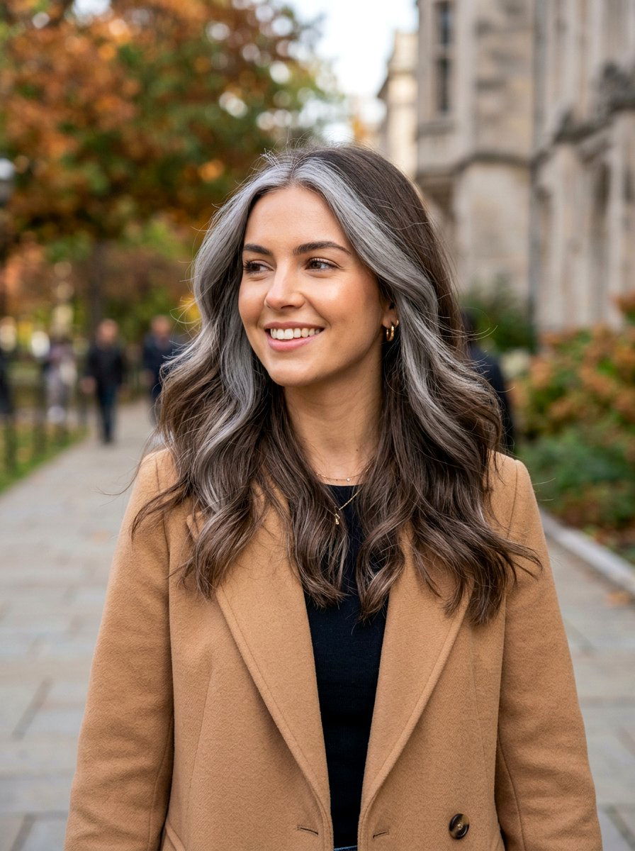 Smoky Gray Money Piece On Brunette Hair - 20 smoky gray money piece hair - 20 smoky gray money piece hair