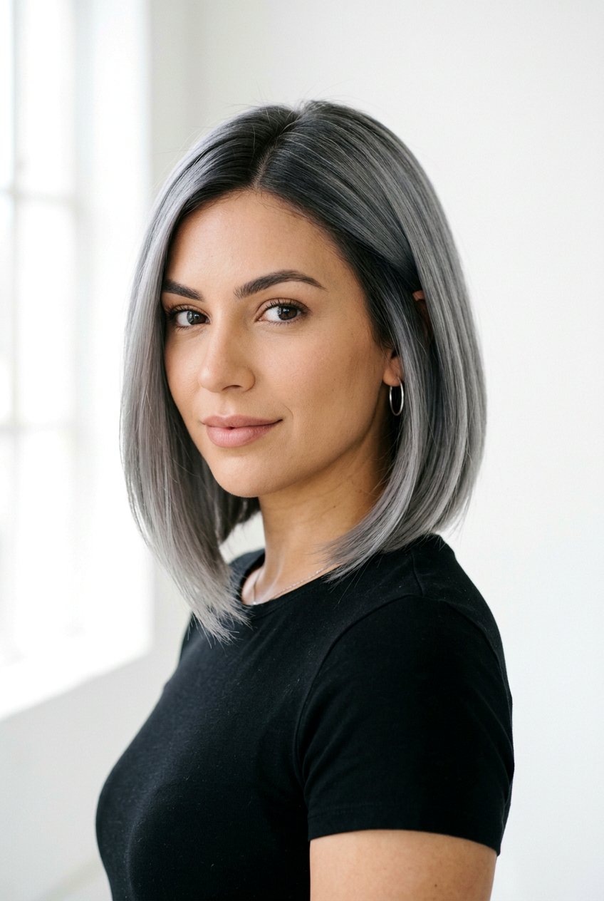 Smoky Gray Root Melt Bob - 20 low maintenance gray blending hair - 20 low maintenance gray blending hair