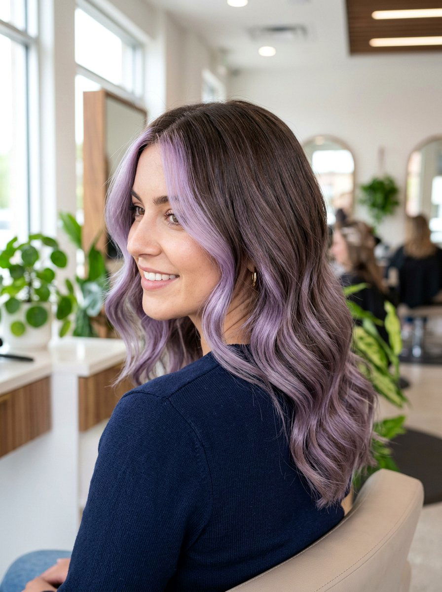 Smoky Lilac Balayage On Brown Waves - 20 smoky lilac balayage - 20 smoky lilac balayage