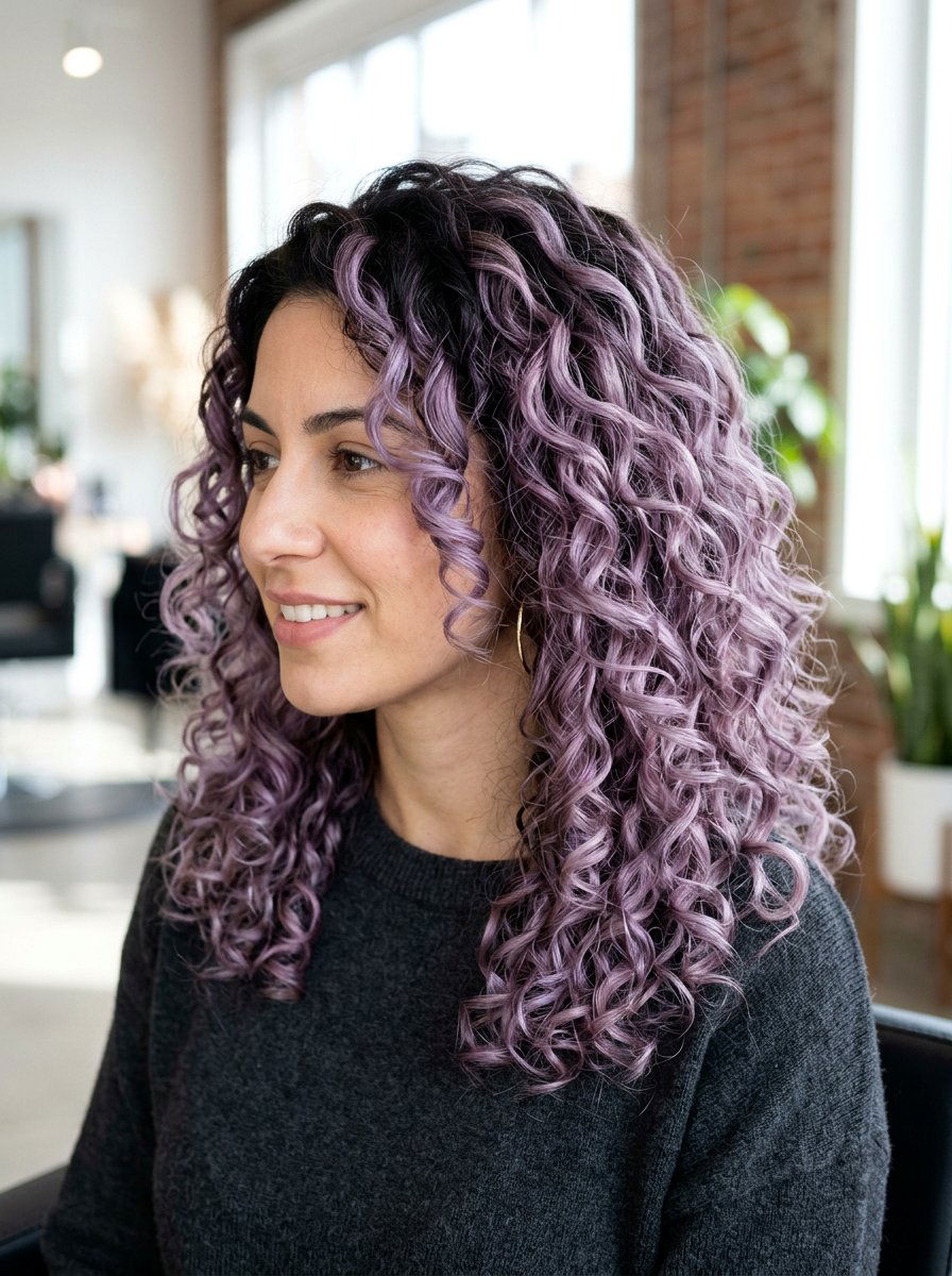 Smoky Lilac Balayage On Curly Hair - 20 smoky lilac balayage - 20 smoky lilac balayage