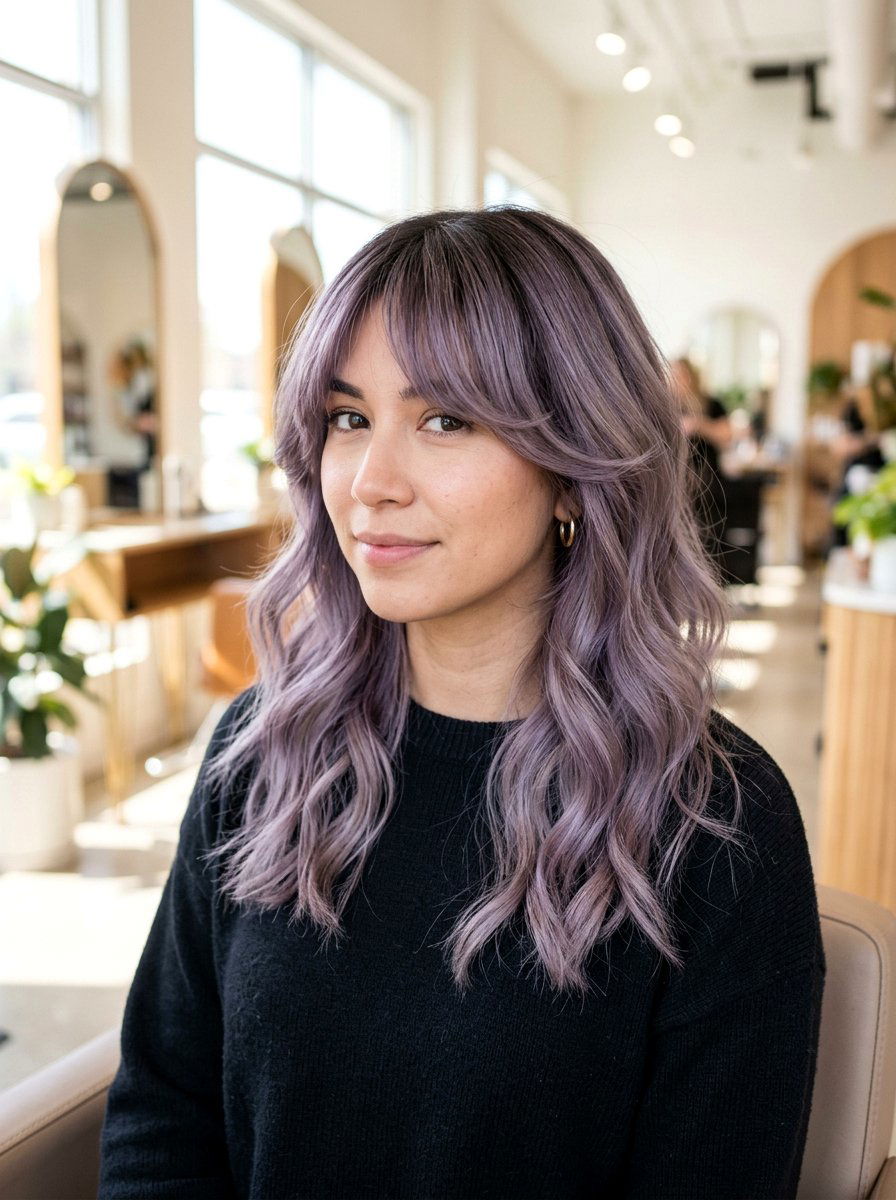 Smoky Lilac Balayage With Curtain Bangs - 20 smoky lilac balayage - 20 smoky lilac balayage