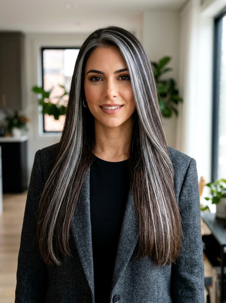 Smoky Pearl Gray Highlights on Dark Brunette - 20 pearl gray blending highlights - 20 pearl gray blending highlights