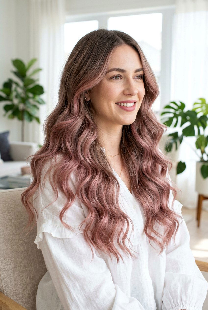 Smoky Rose Balayage On Long Waves - 20 smoky rose hair color - 20 smoky rose hair color