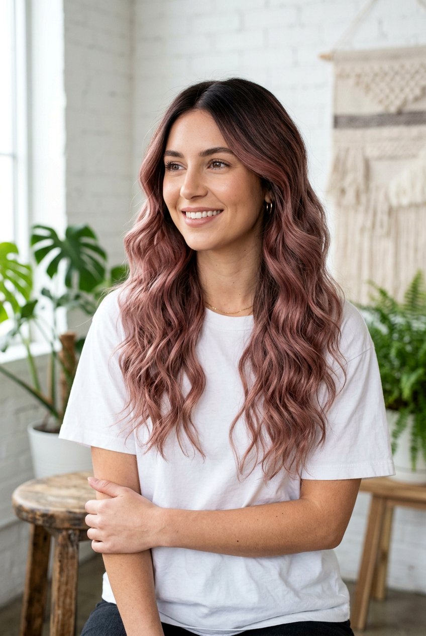 Smoky Rose With Dark Roots On Long Hair - 20 smoky rose hair color - 20 smoky rose hair color