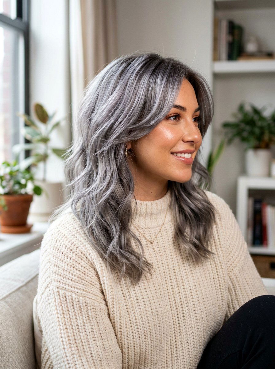 Smoky Silver Gloss Layered Haircut - 20 silver gloss for mature gray hair - 20 silver gloss for mature gray hair