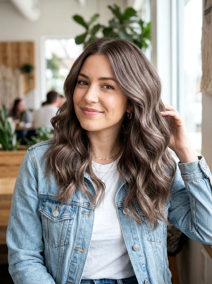 Smoky Taupe Cool Tone Gloss On Wavy Hair - 20 cool tone gloss for brunette hair - 20 cool tone gloss for brunette hair