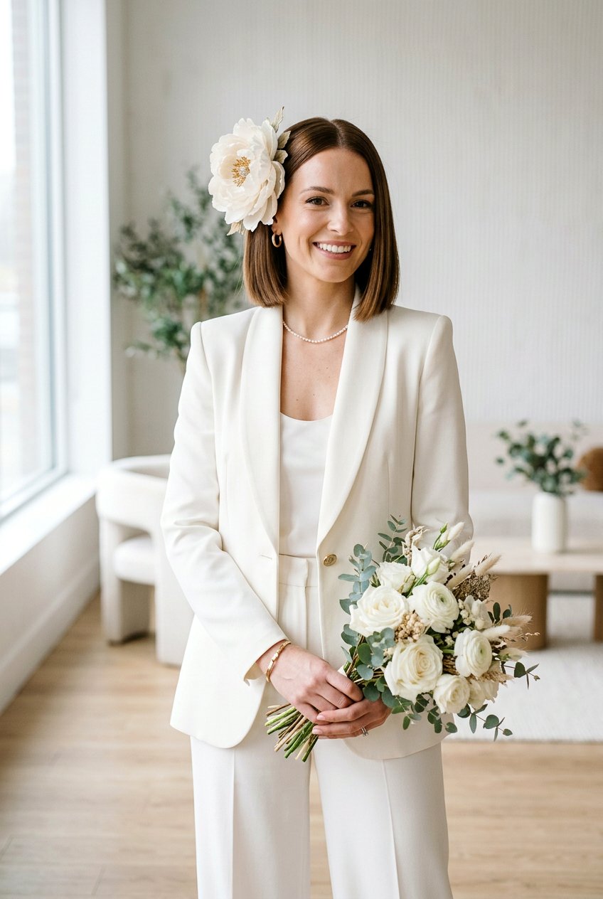Smooth Bob With Oversized Flower Pins - 20 bridal hairstyle with floral pins - 20 bridal hairstyle with floral pins