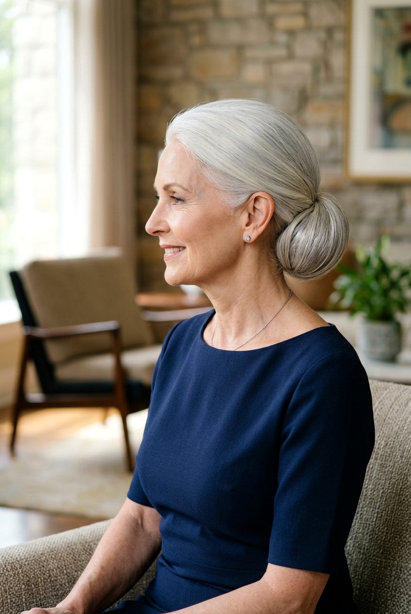 Smooth Chignon - 20 wedding guest hairstyle for naturally gray hair - 20 wedding guest hairstyle for naturally gray hair