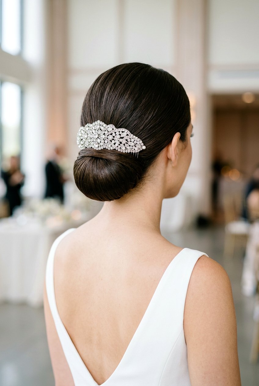 Smooth Chignon - 20 bridal hairstyle with crystal comb - 20 bridal hairstyle with crystal comb