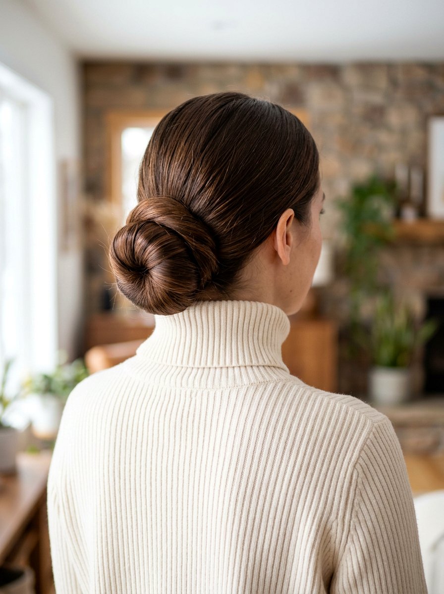 Smooth Cinnamon Bun - 20 sleek hairstyle for office meeting - 20 sleek hairstyle for office meeting