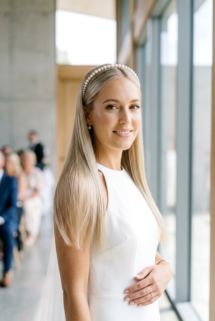 Smooth Glass Hair With Pearl Headband - 20 bridal hairstyle with pearl headband - 20 bridal hairstyle with pearl headband