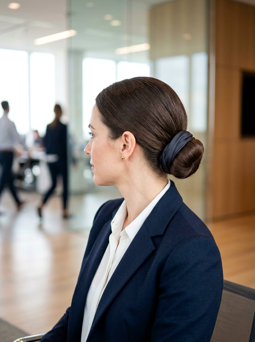 Smooth Low Bun With Hair Wrap - 20 interview hairstyle with smooth low bun - 20 interview hairstyle with smooth low bun