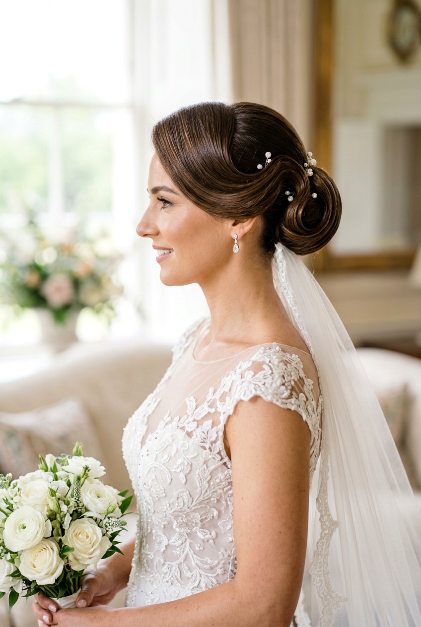 Smooth Rolled Updo Bridal Hair - 20 bridal hairstyle for sleek modern wedding - 20 bridal hairstyle for sleek modern wedding
