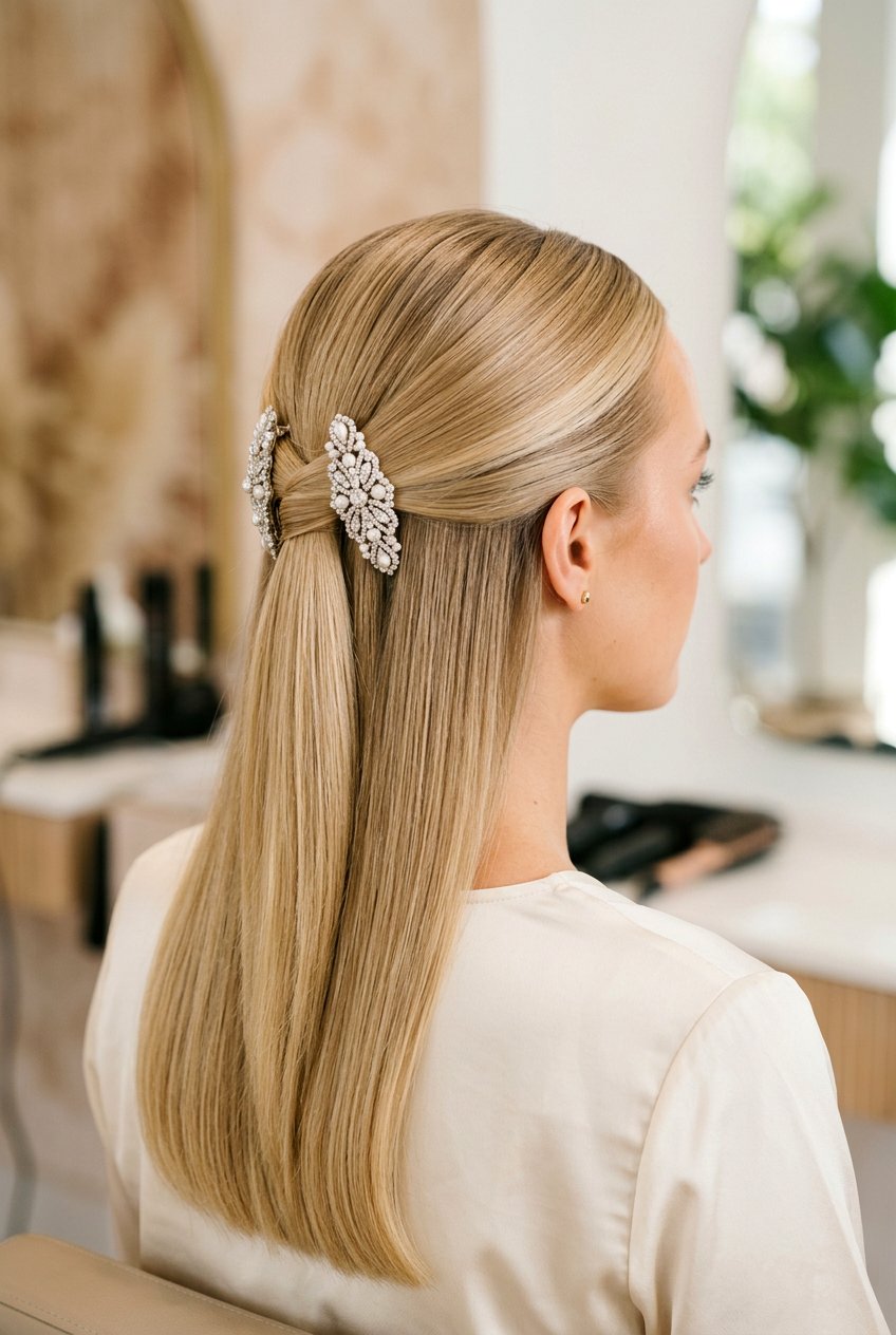 Smooth half up half down with clips - 20 half up half down wedding hairstyles - 20 half up half down wedding hairstyles