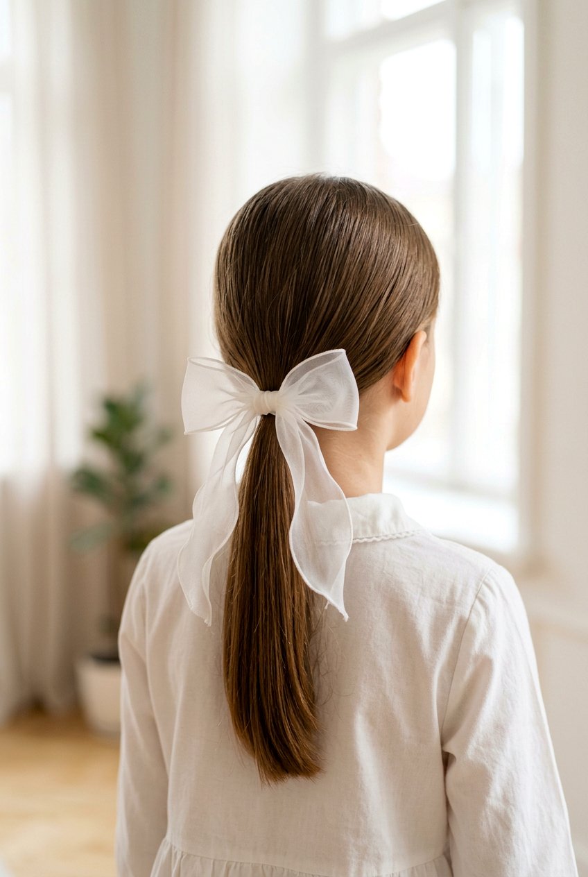 Smooth low ponytail with organza bow - 20 communion ponytail hairstyle - 20 communion ponytail hairstyle