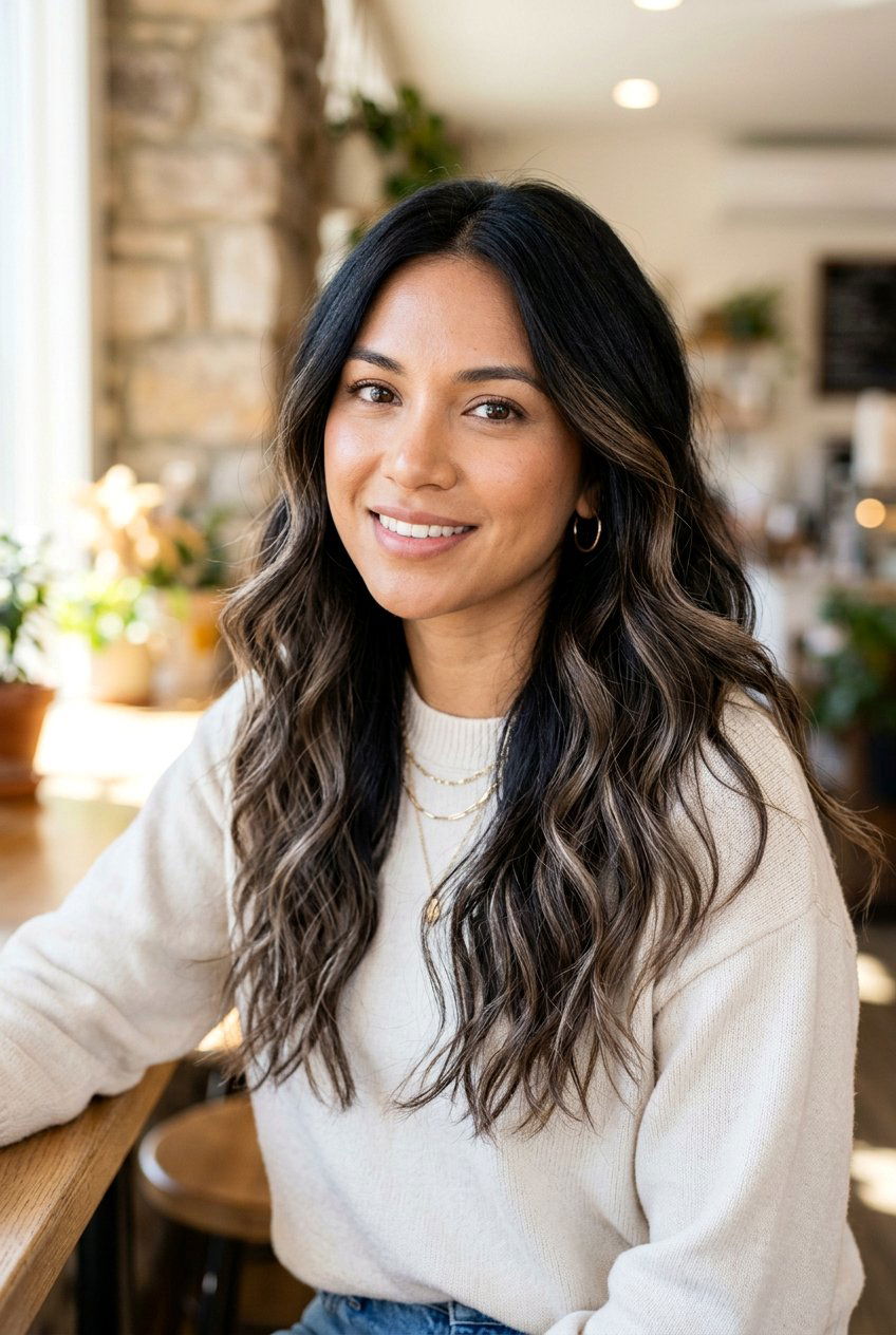 Soft Ash Brown Highlights on Black Wavy Hair - 20 ash brown highlights on black hair - 20 ash brown highlights on black hair