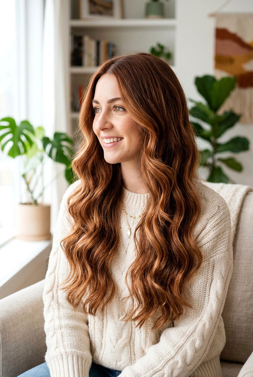 Soft Auburn Balayage On Long Wavy Hair - 20 soft auburn balayage - 20 soft auburn balayage