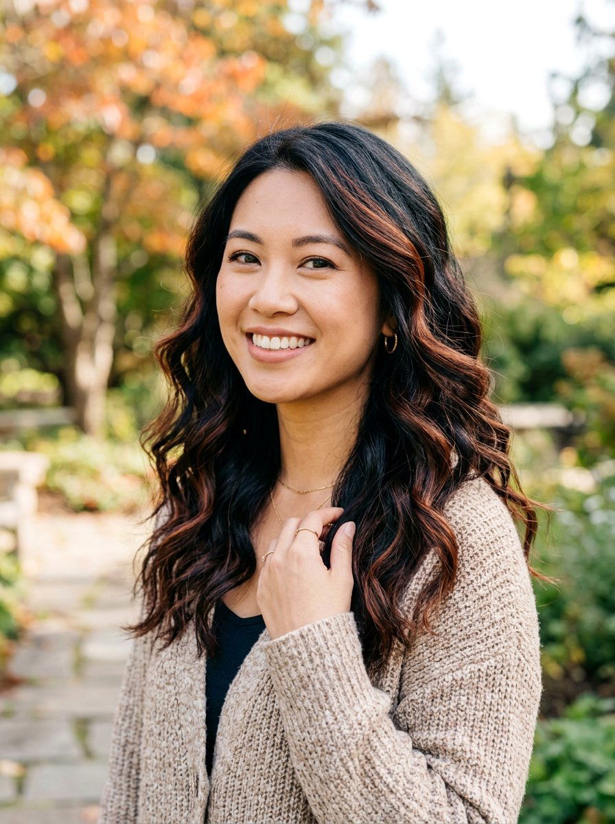 Soft Auburn Highlights On Black Wavy Hair - 20 subtle highlights for dark black hair - 20 subtle highlights for dark black hair