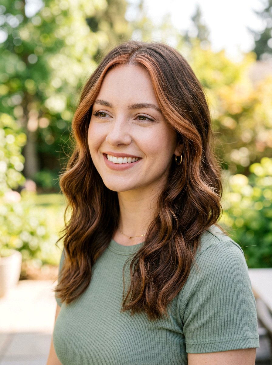 Soft Auburn Money Piece on Wavy Brown Hair - 20 pumpkin spice money piece hair - 20 pumpkin spice money piece hair