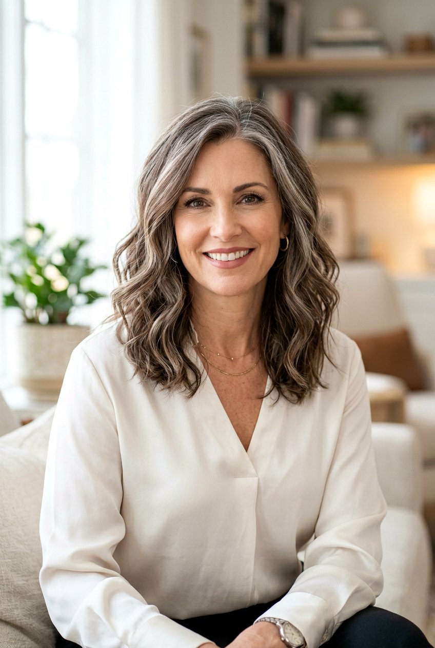 Soft Babylights On Brunette Hair With Gray Blending - 20 soft babylights on brunette hair - 20 soft babylights on brunette hair