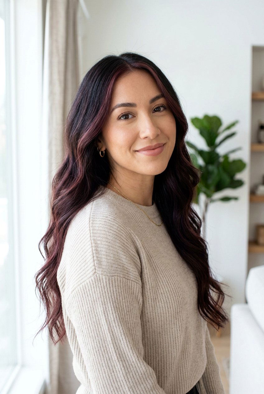 Soft Black Cherry Balayage With Delicate Money Piece - 20 black cherry balayage with money piece - 20 black cherry balayage with money piece