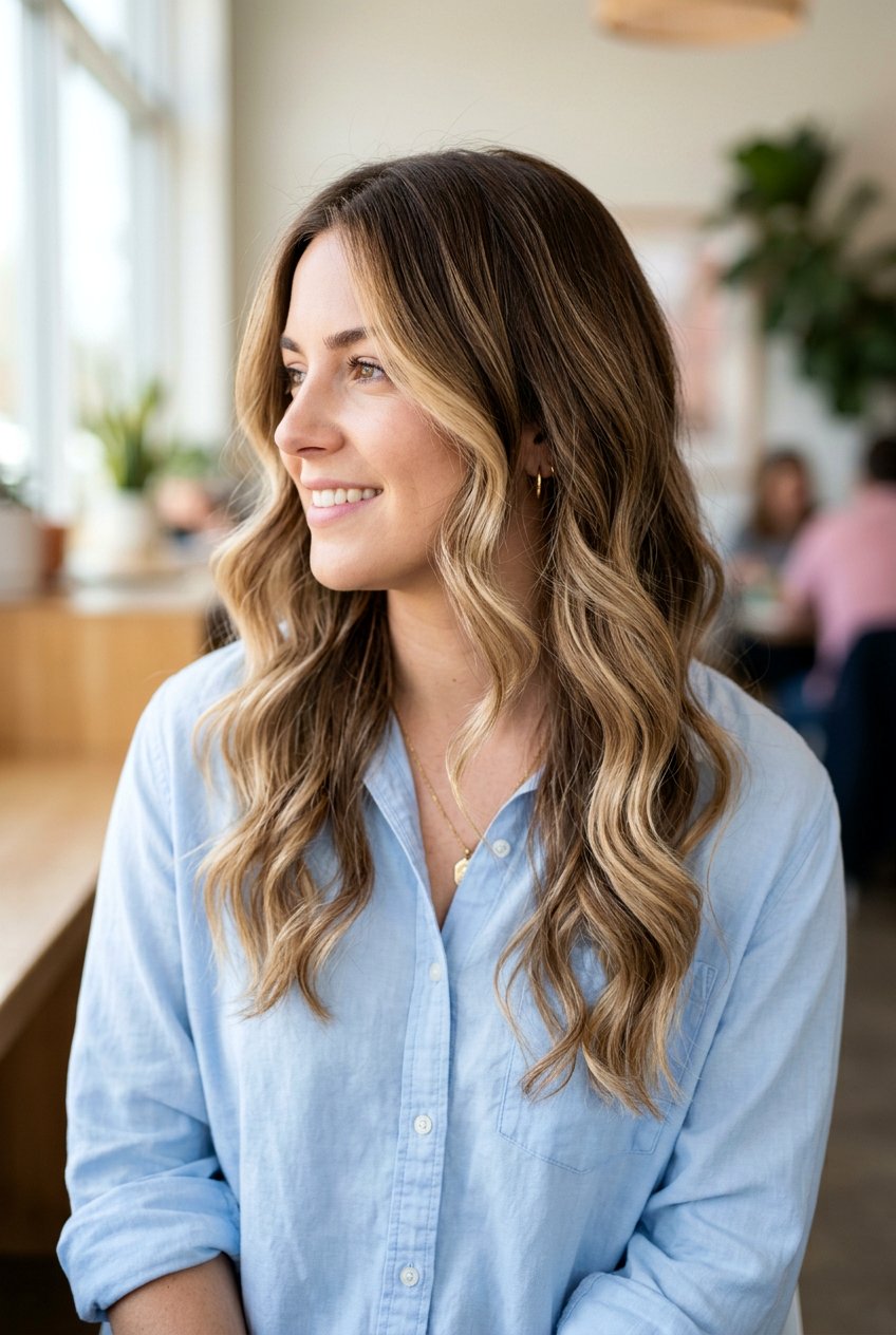 Soft Blonde Balayage on Medium Brunette Hair - 20 soft brunette highlights - 20 soft brunette highlights