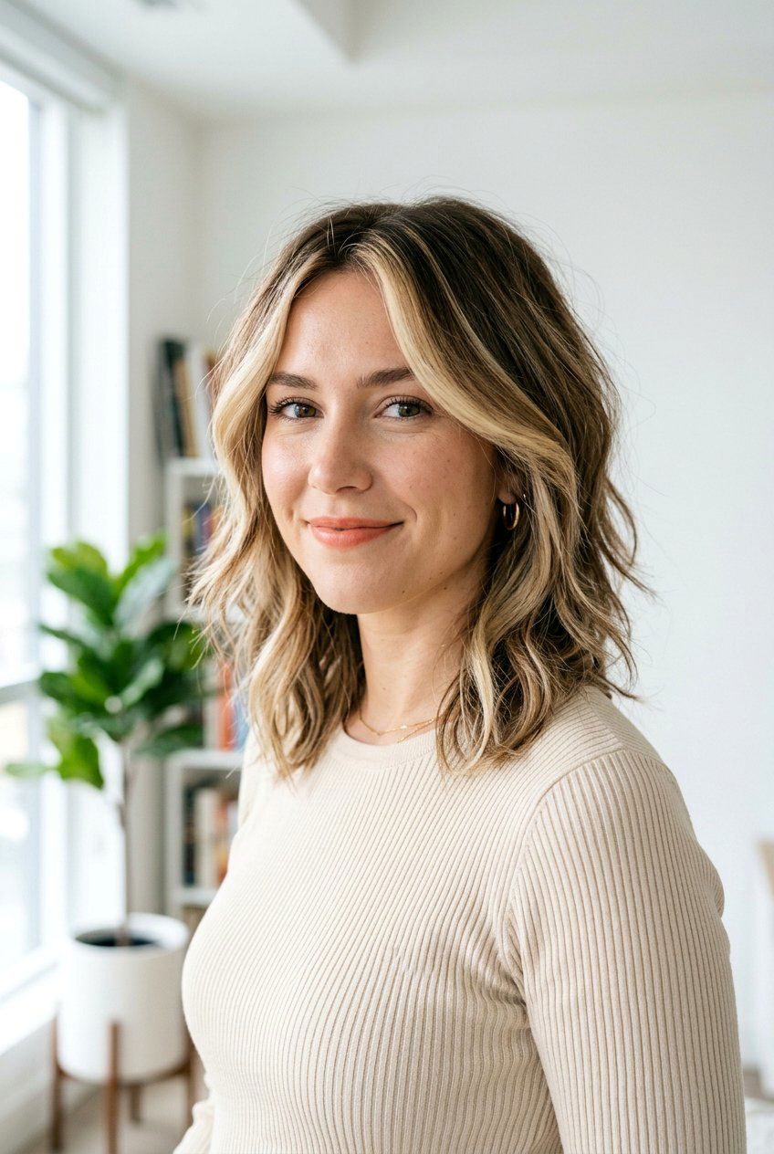 Soft Blonde Front Streak On Layered Lob - 20 front streak hair color - 20 front streak hair color