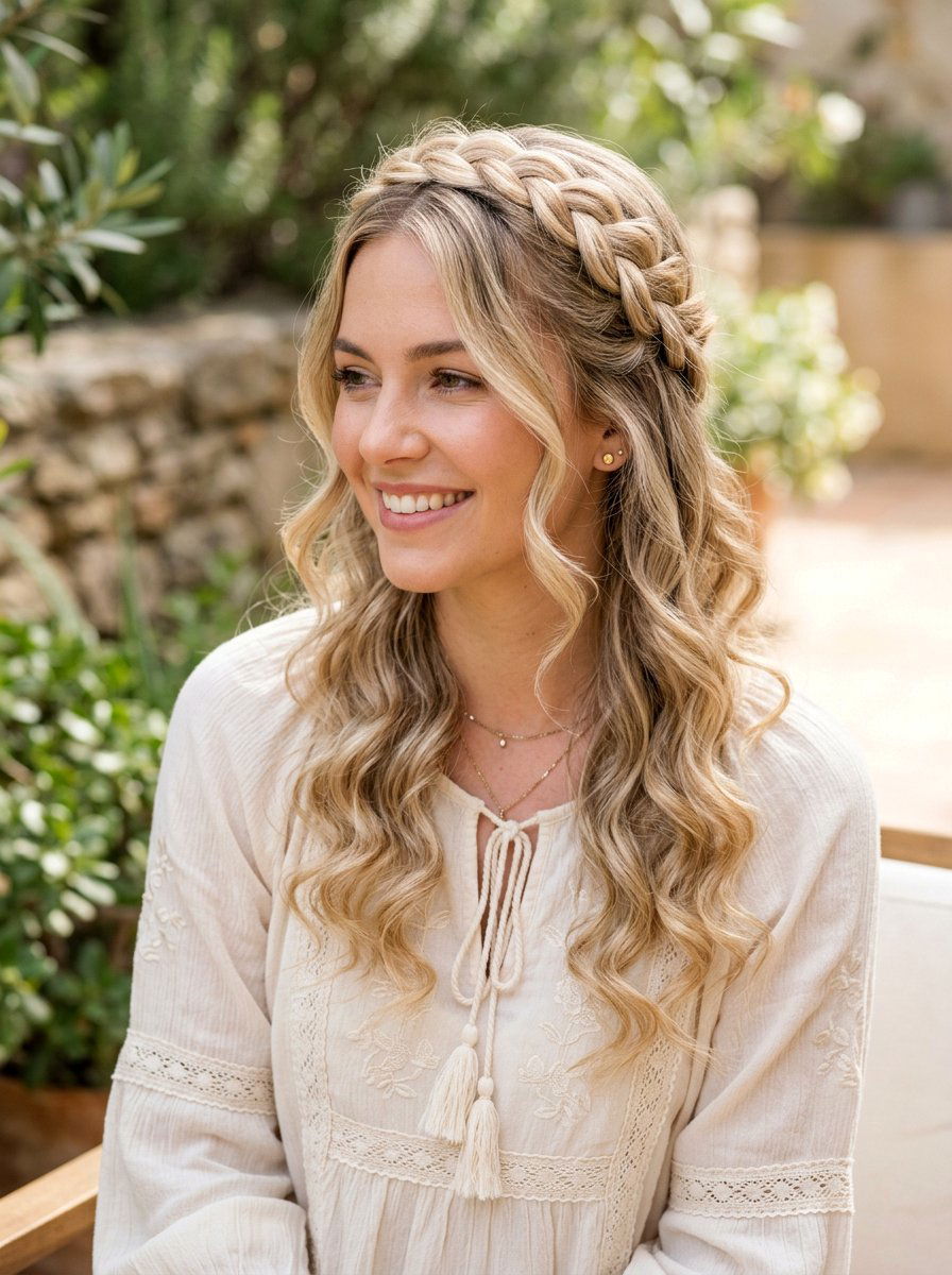 Soft Braided Crown With Loose Curls - 20 soft glam hairstyle for shoulder length hair - 20 soft glam hairstyle for shoulder length hair