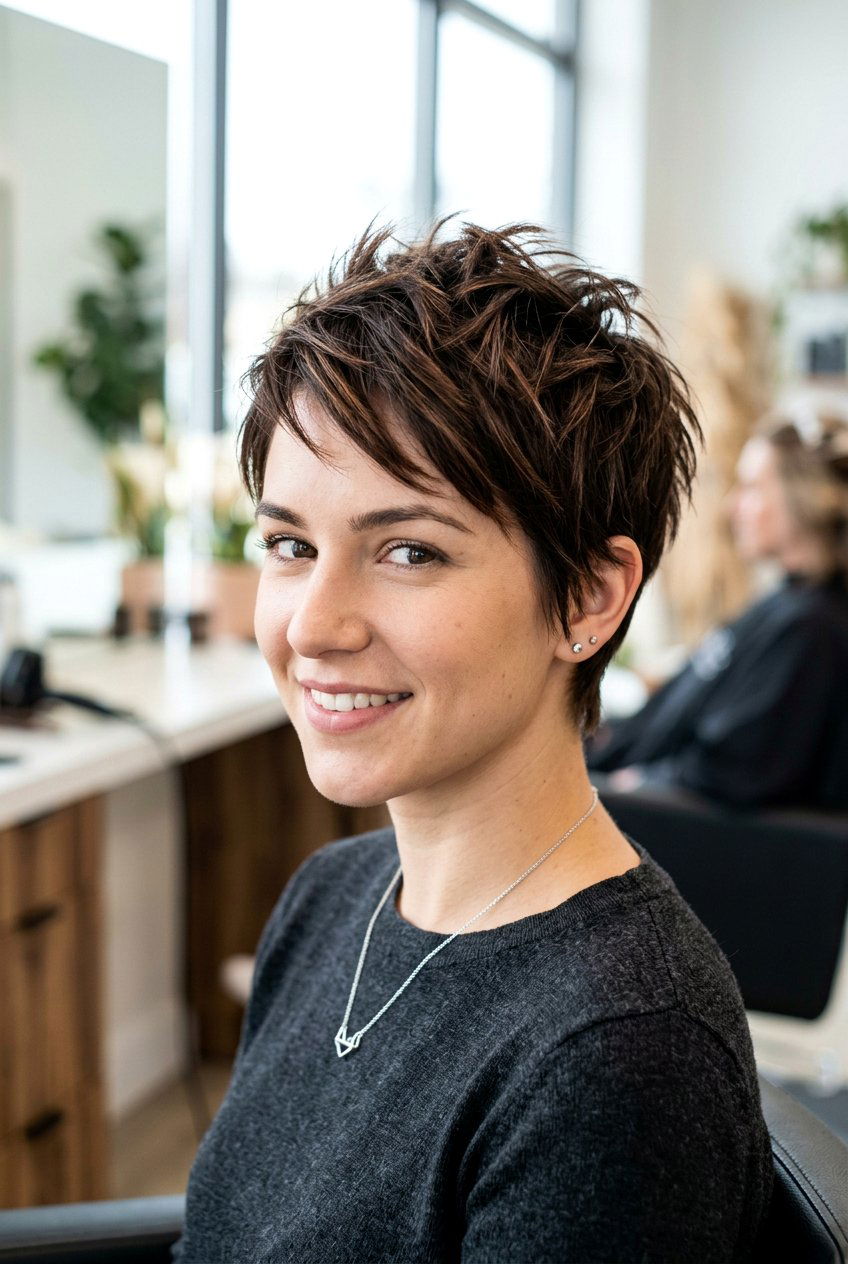 Soft Chestnut Highlights On Textured Pixie - 20 warm chestnut highlights for mature women - 20 warm chestnut highlights for mature women