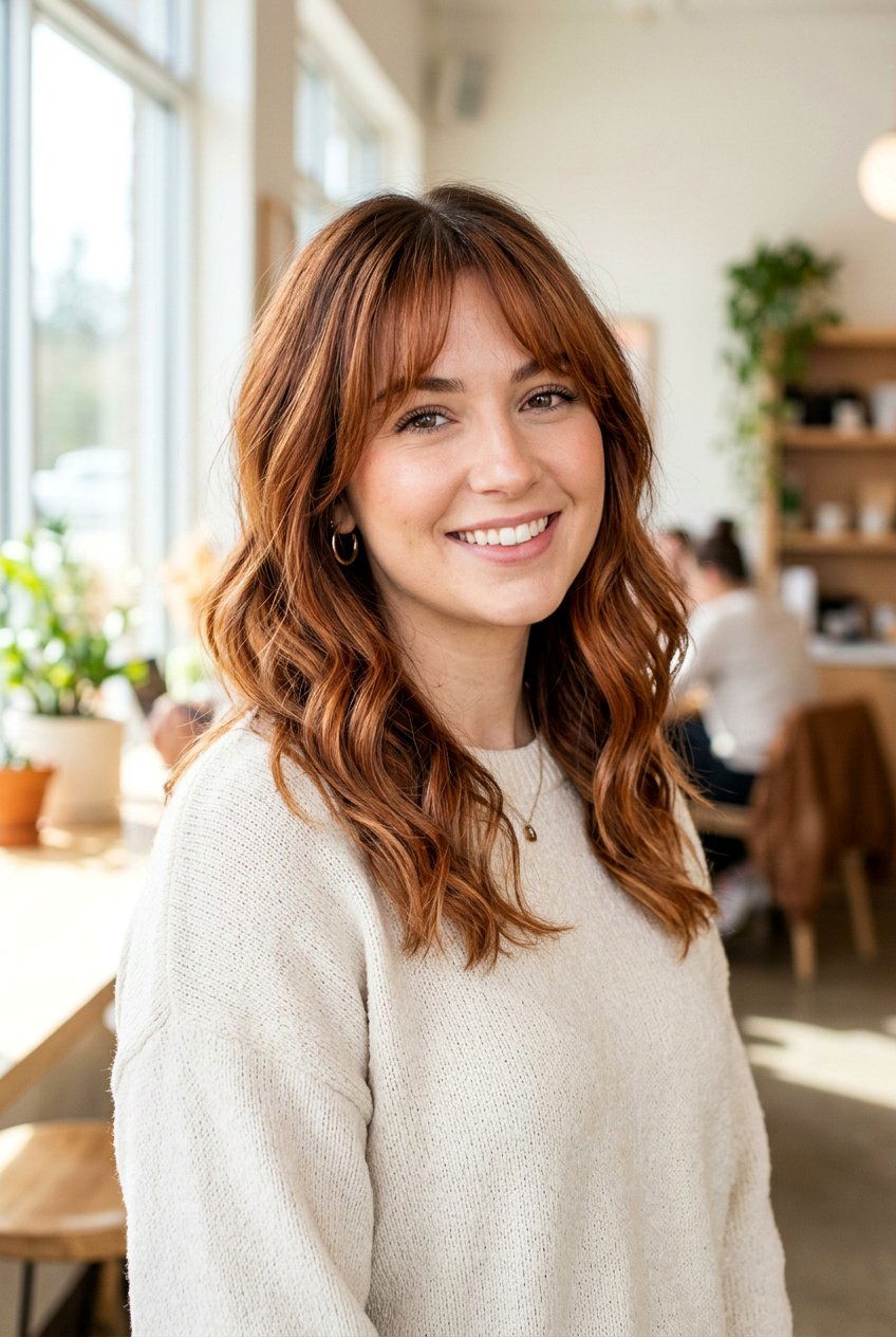 Soft Copper Balayage With Wispy Curtain Bangs - 20 copper balayage with curtain bangs - 20 copper balayage with curtain bangs