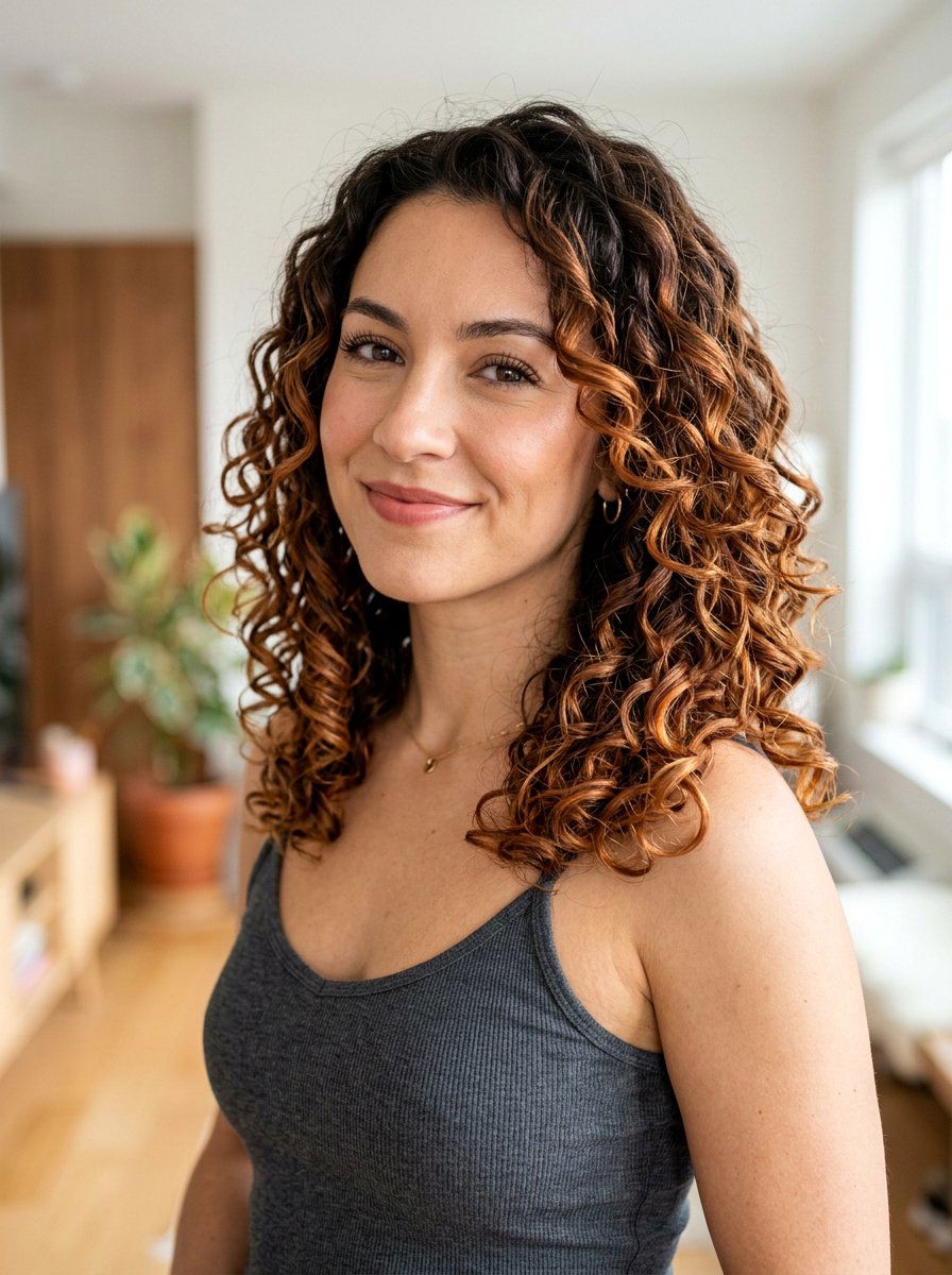 Soft Copper Brown Balayage On Curly Hair - 20 soft copper brown balayage - 20 soft copper brown balayage