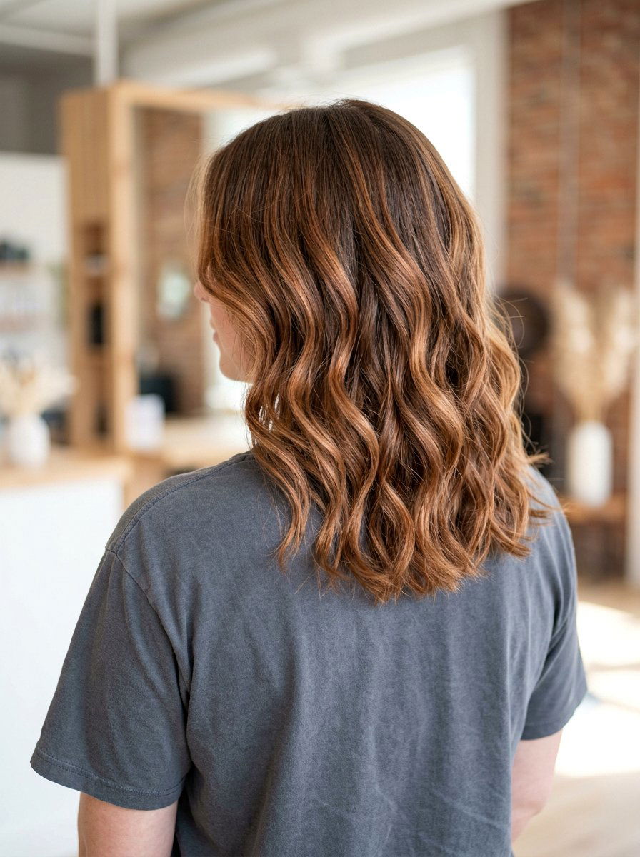 Soft Copper Brown Balayage On Wavy Medium Length Hair - 20 soft copper brown balayage - 20 soft copper brown balayage