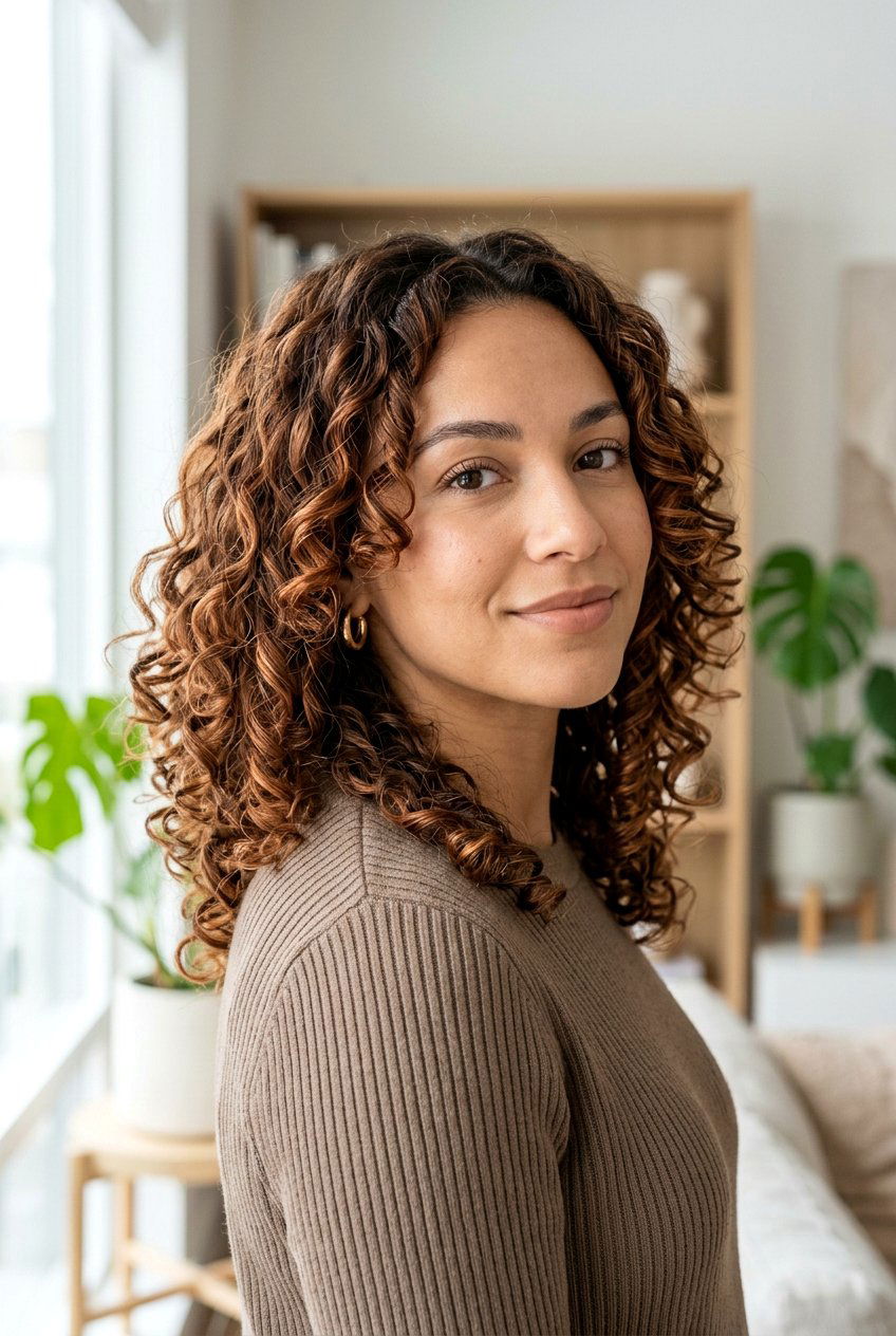 Soft Copper Highlights On Curly Hair - 20 soft copper highlights - 20 soft copper highlights