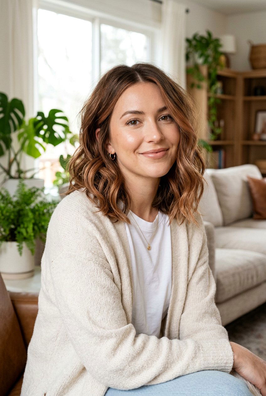 Soft Copper Highlights On Wavy Lob - 20 soft copper highlights - 20 soft copper highlights