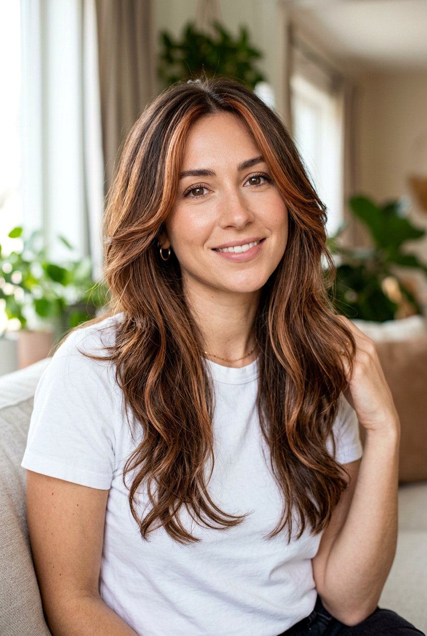 Soft Copper Money Piece On Brunette Hair - 20 soft copper highlights - 20 soft copper highlights