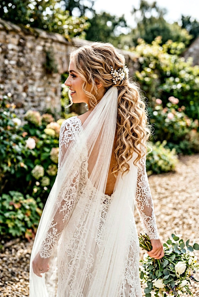Soft Curl Boho Ponytail With Veil - 20 boho bridal ponytail - 20 boho bridal ponytail