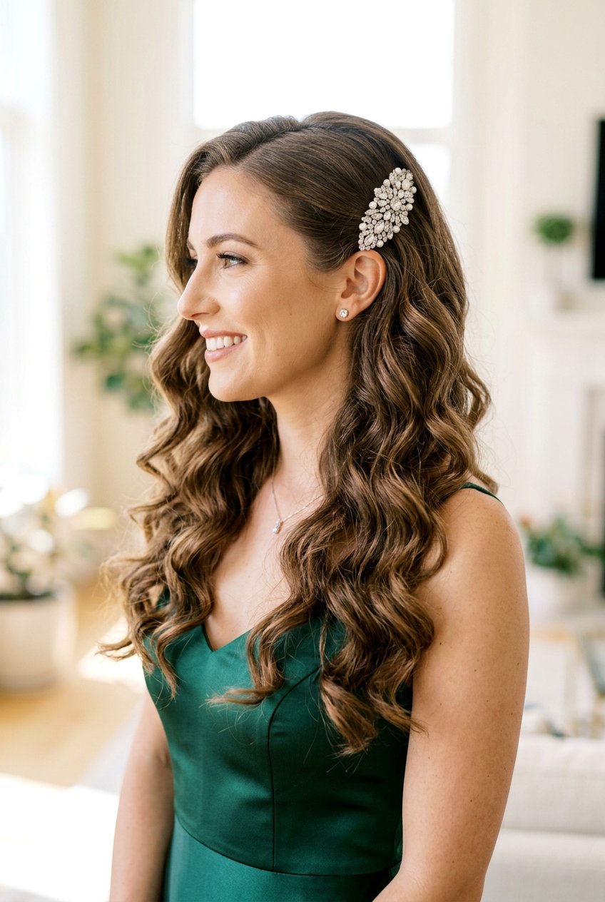 Soft Curls With Sparkly Barrette - 20 soft curls for wedding guest hair - 20 soft curls for wedding guest hair