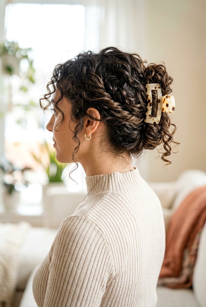 Soft Curly Claw Clip Updo - 20 soft curls for wedding guest hair - 20 soft curls for wedding guest hair