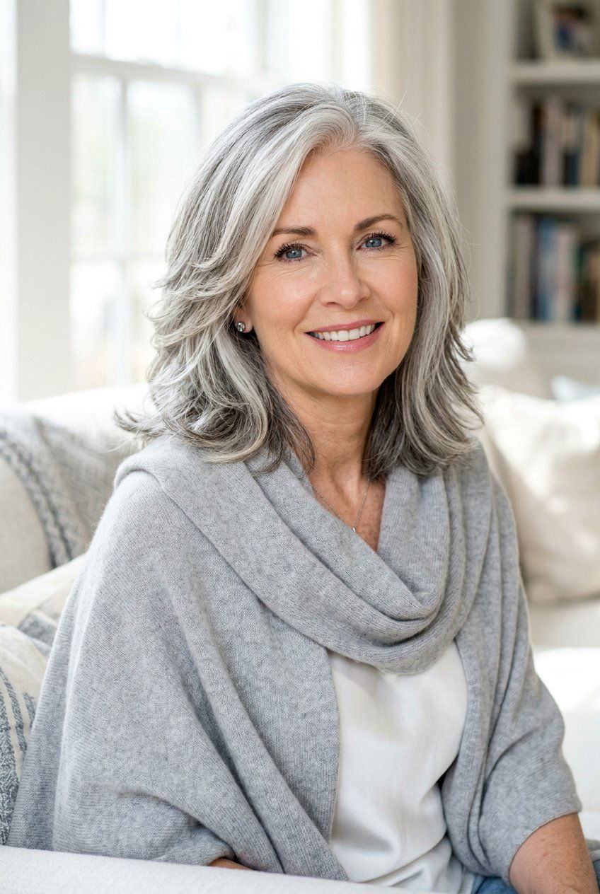 Soft Feathered Salt And Pepper Lob - 20 gray bob with layers for older women - 20 gray bob with layers for older women