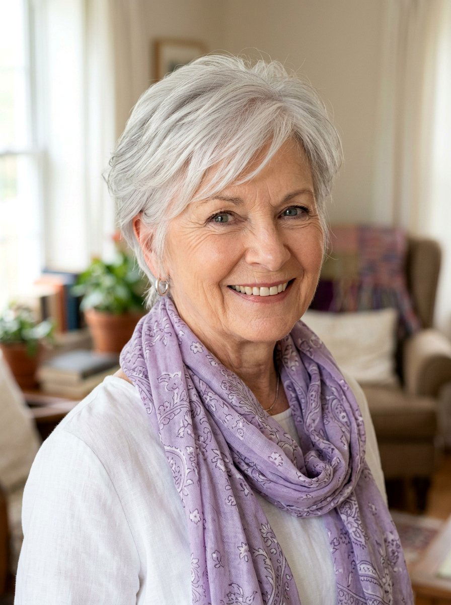Soft Feathered Silver Pixie For Seniors - 20 short gray pixie with layers - 20 short gray pixie with layers