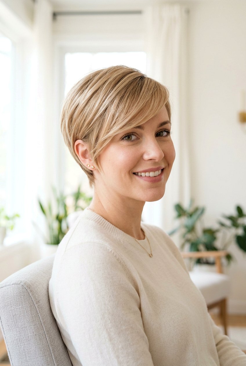 Soft Feminine Pixie With Long Fringe - 20 pixie cut with long fringe - 20 pixie cut with long fringe